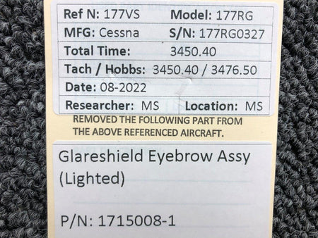 1715008-1 Cessna 177RG Glarshield Eyebrow Assembly (Lighted) BAS Part Sales | Airplane Parts