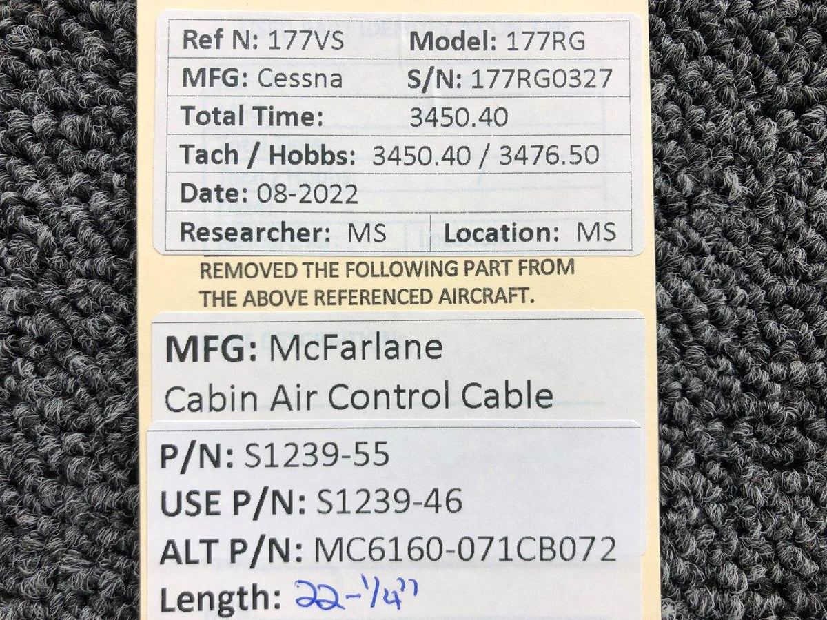 S1239-55 (USE: S1239-46) McFarlane Cabin Air Control Cable LH (L: 22-1/4") BAS Part Sales | Airplane Parts