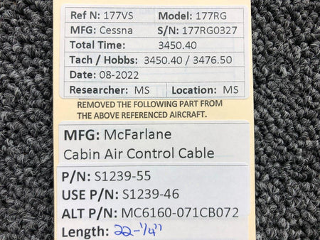 S1239-55 (USE: S1239-46) McFarlane Cabin Air Control Cable LH (L: 22-1/4") BAS Part Sales | Airplane Parts