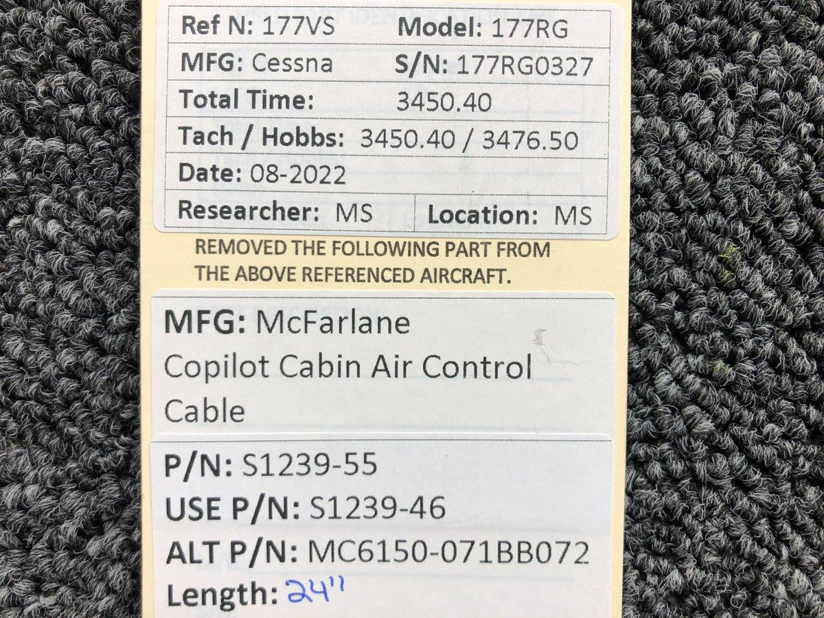 S1239-55 (USE: S1239-46) McFarlane Co-Pilot Cabin Air Control Cable (L: 22-1/4") BAS Part Sales | Airplane Parts