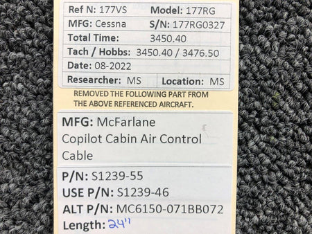 S1239-55 (USE: S1239-46) McFarlane Co-Pilot Cabin Air Control Cable (L: 22-1/4") BAS Part Sales | Airplane Parts