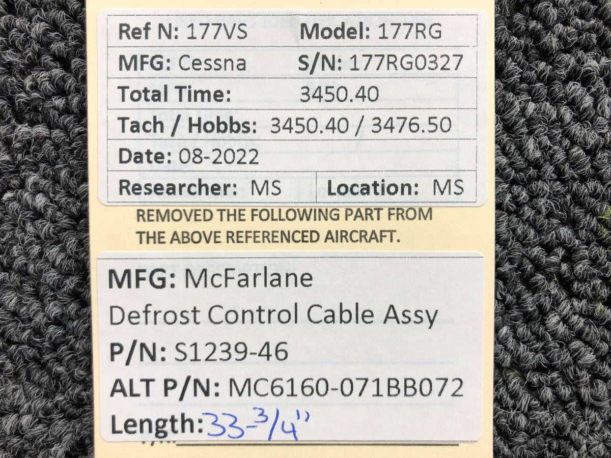 S1239-46 (MPN: MC6160-071BB072) McFarlane Defrost Control Cable (L: 33-3/4") BAS Part Sales | Airplane Parts