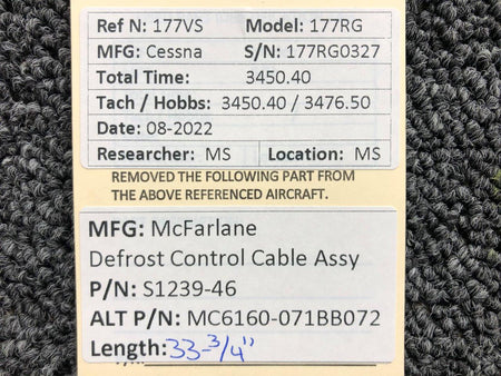 S1239-46 (MPN: MC6160-071BB072) McFarlane Defrost Control Cable (L: 33-3/4") BAS Part Sales | Airplane Parts