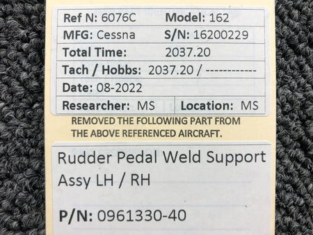 Cessna Aircraft Parts 0961330-40 Cessna 162 Rudder Pedal Weld Support Assembly LH or RH