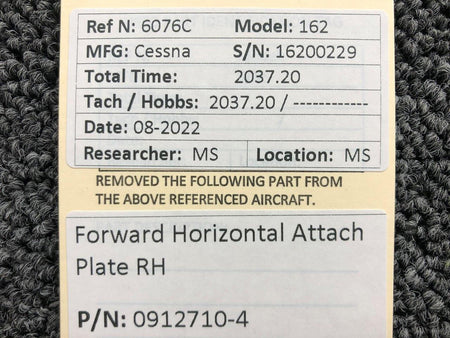 Cessna Aircraft Parts 0912710-4 Cessna 162 Forward Horizontal Attach Plate RH
