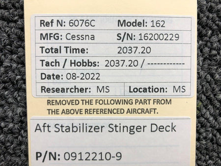 Cessna Aircraft Parts 0912210-9 Cessna 162 AFT Stabilizer Stinger Deck