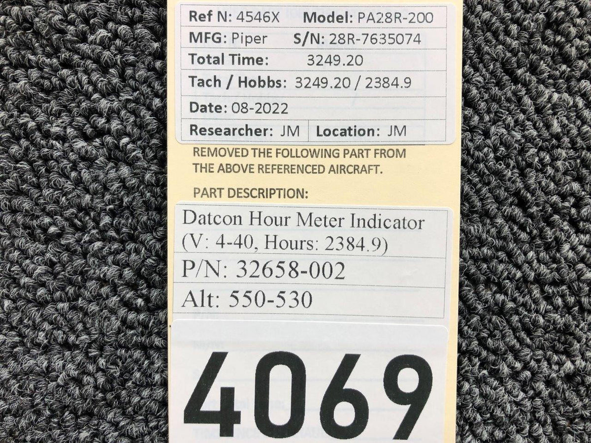 32658-002 (ALT: 550-530) Datcon Hour Meter Indicator (4-41V, Hours: 2384.9) BAS Part Sales | Airplane Parts