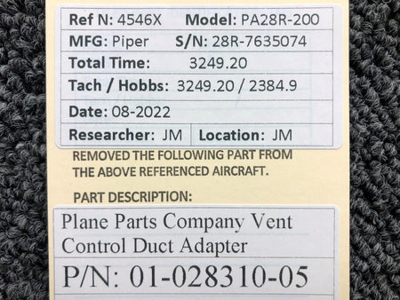 Plane Parts Co 01-028310-05 Plane Parts Company Vent Control Duct Adapter
