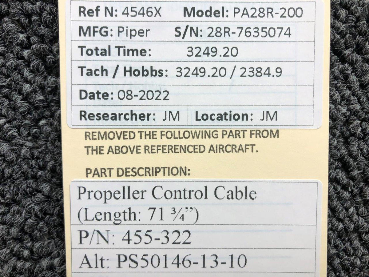 455-322 (ALT: PS50146-13-10) Piper PA28R-200 Propeller Control Cable (71-3/4") BAS Part Sales | Airplane Parts