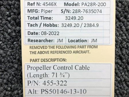 455-322 (ALT: PS50146-13-10) Piper PA28R-200 Propeller Control Cable (71-3/4") BAS Part Sales | Airplane Parts