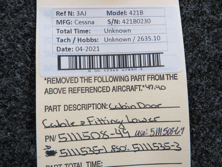 Cessna Aircraft Parts 5111508-49 / 5111535-1 Cessna 421B Cabin Door Cable and Fitting Lower