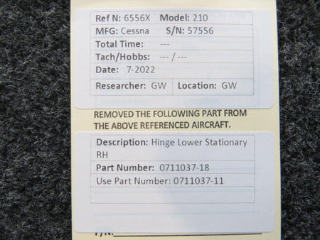 Cessna Aircraft Parts 0711037-18 USE 0711037-11 Cessna 210 Lower Stationary Hinge RH