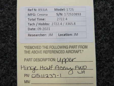 Cessna Aircraft Parts 0511237-1 Cessna 172S Upper Hinge Half Assembly Forward LH