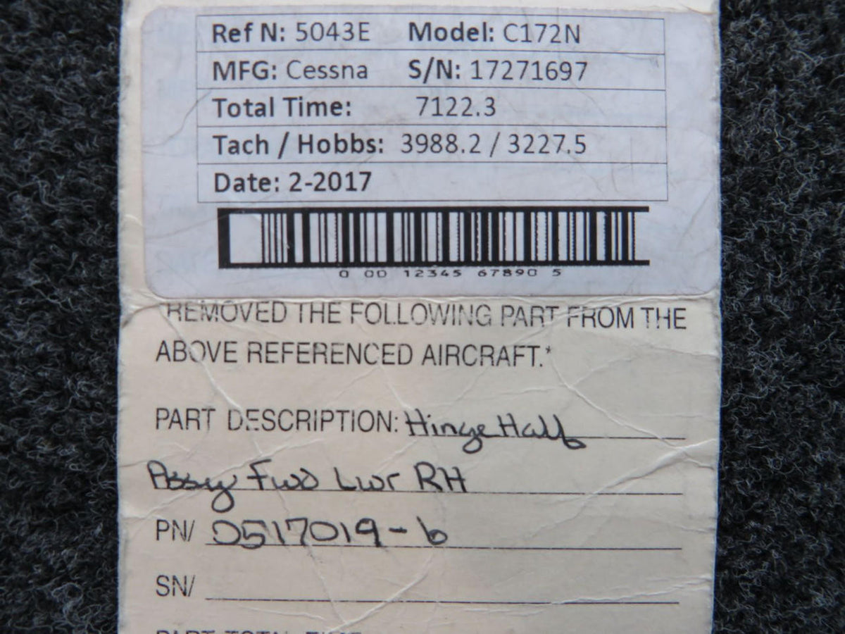 0517019-6 Cessna C172N Hinge Half Assembly Forward Lower RH BAS Part Sales | Airplane Parts