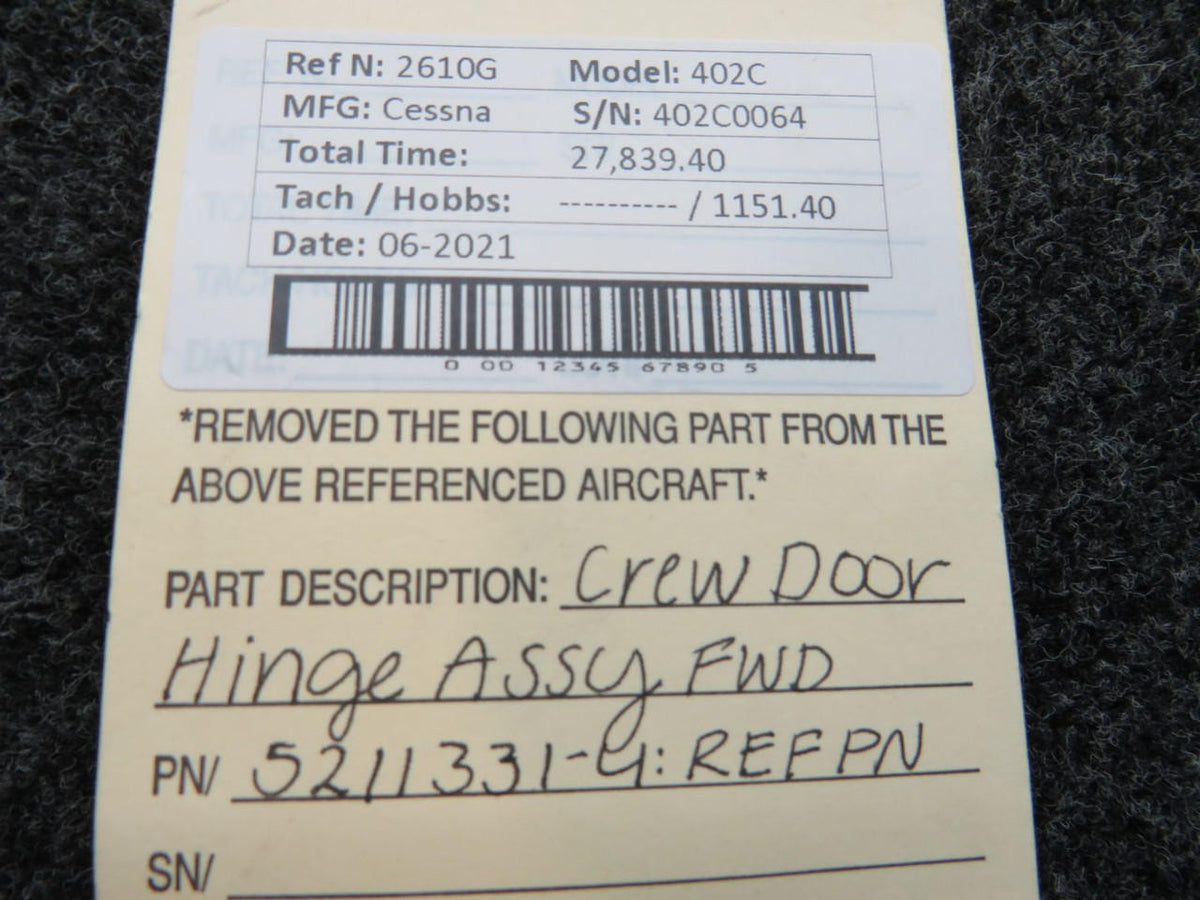 Cessna Aircraft Parts Reference P/N 5211331-4 Cessna 402C Crew Door Hinge Assembly Forward
