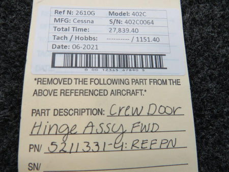 Cessna Aircraft Parts Reference P/N 5211331-4 Cessna 402C Crew Door Hinge Assembly Forward