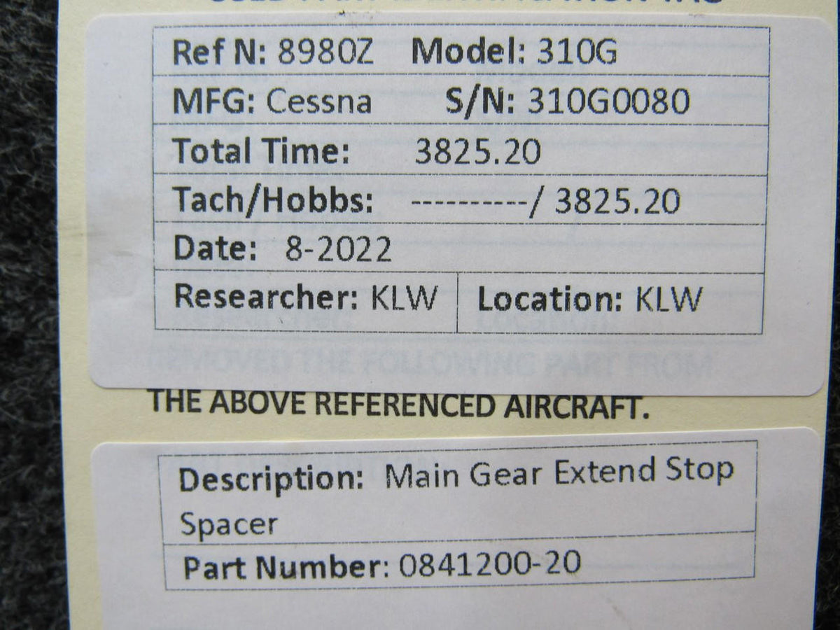 Cessna Aircraft Parts 0841200-20 Cessna 310G Main Gear Extend Stop Spacer