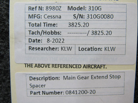 Cessna Aircraft Parts 0841200-20 Cessna 310G Main Gear Extend Stop Spacer