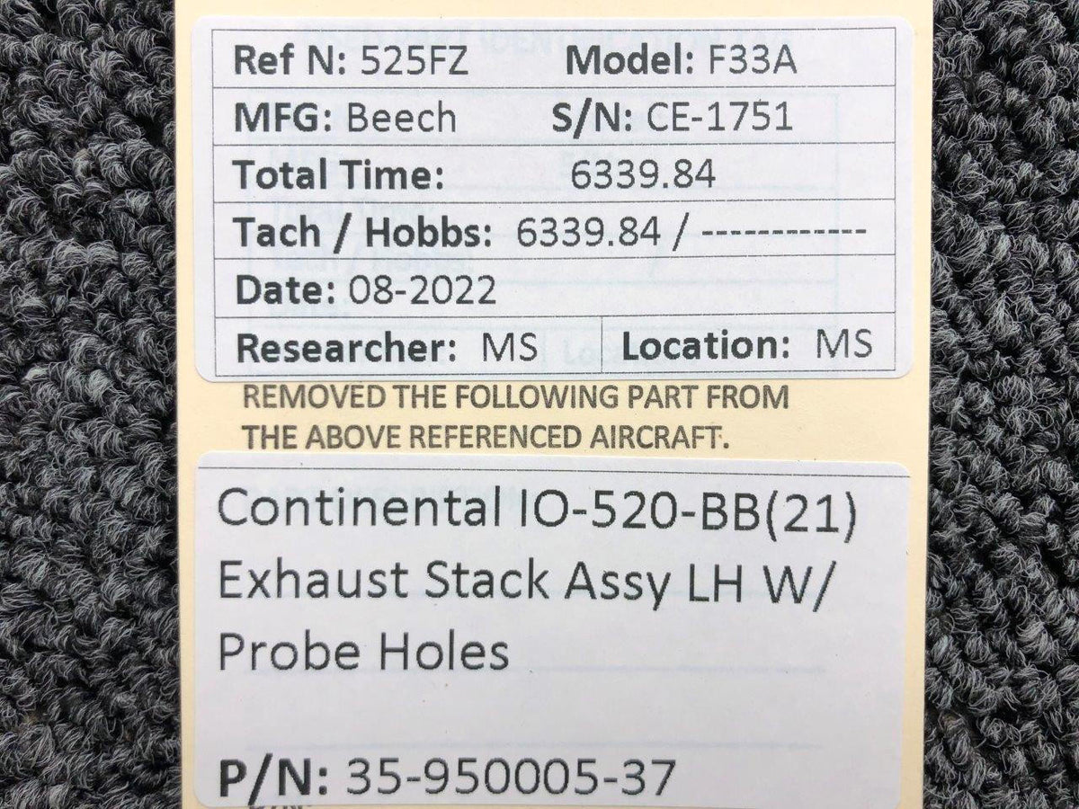 Continental 35-950005-37 Continental IO-520-BB21 Exhaust Stack Assembly LH W/ Probe Holes