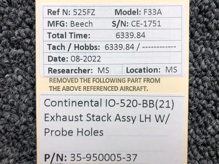 Continental 35-950005-37 Continental IO-520-BB21 Exhaust Stack Assembly LH W/ Probe Holes