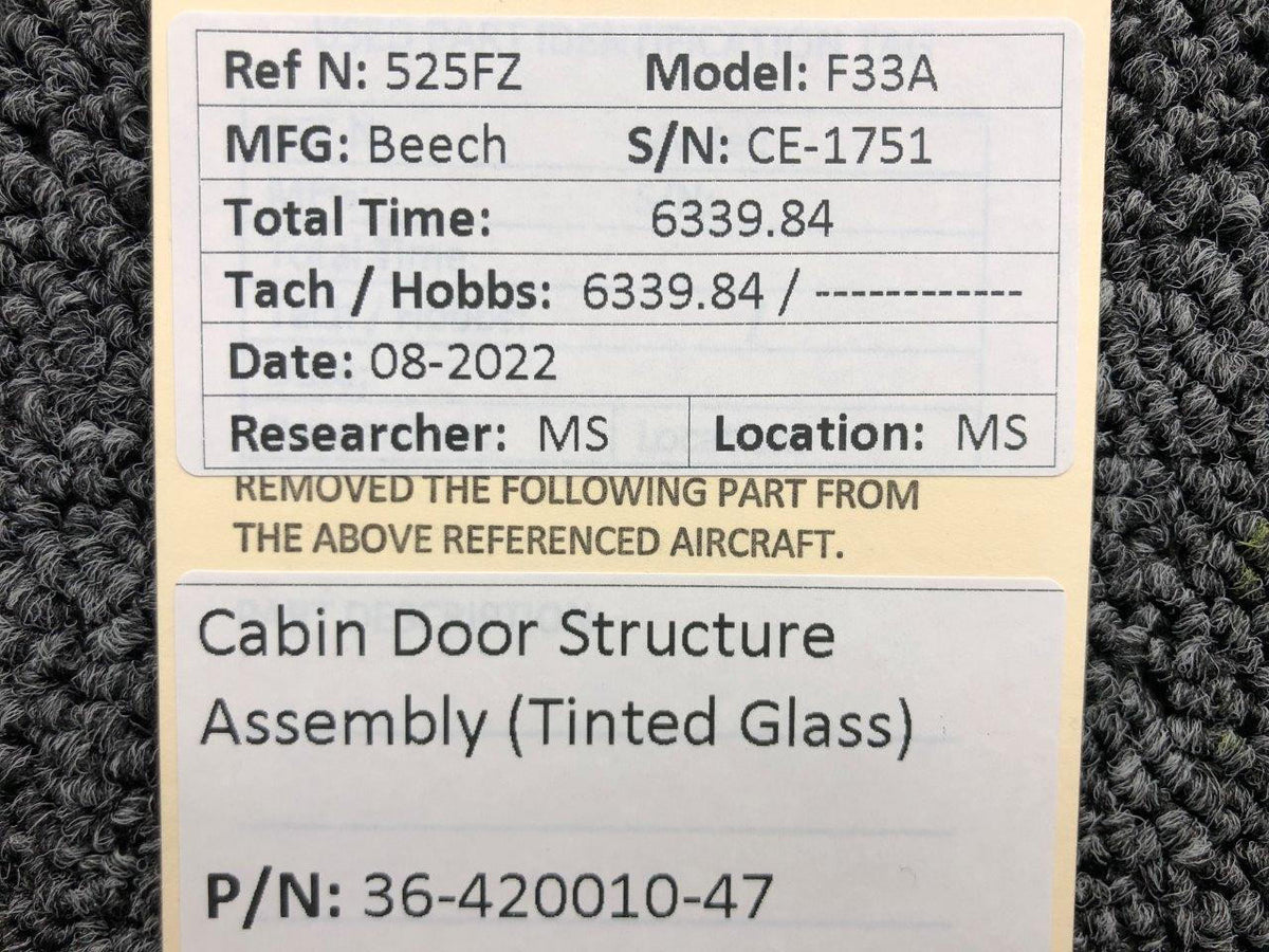 Beechcraft Parts 36-420010-47 Beechcraft F33A Cabin Door Structure Assembly Tinted Glass