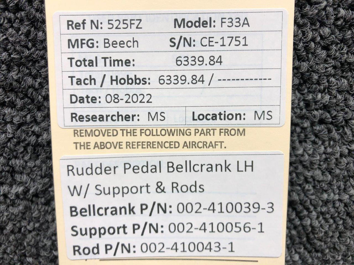 Beechcraft Parts 002-410039-3 / 002-410056-1 Beech F33A Rudder Pedal Bellcrank LH W/Support, Rods