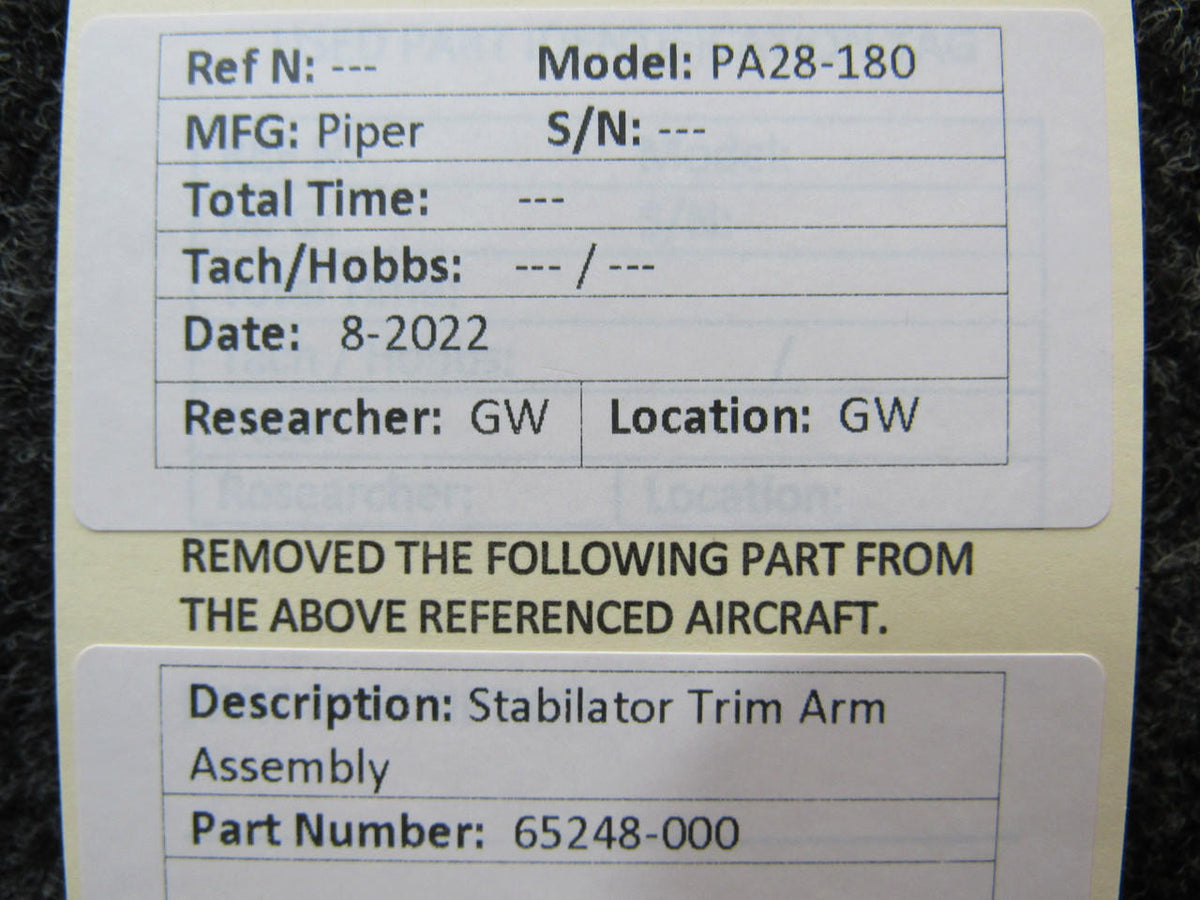 Piper Aircraft Parts 65248-000 Piper PA28-180 Stabilator Trim Arm Assembly