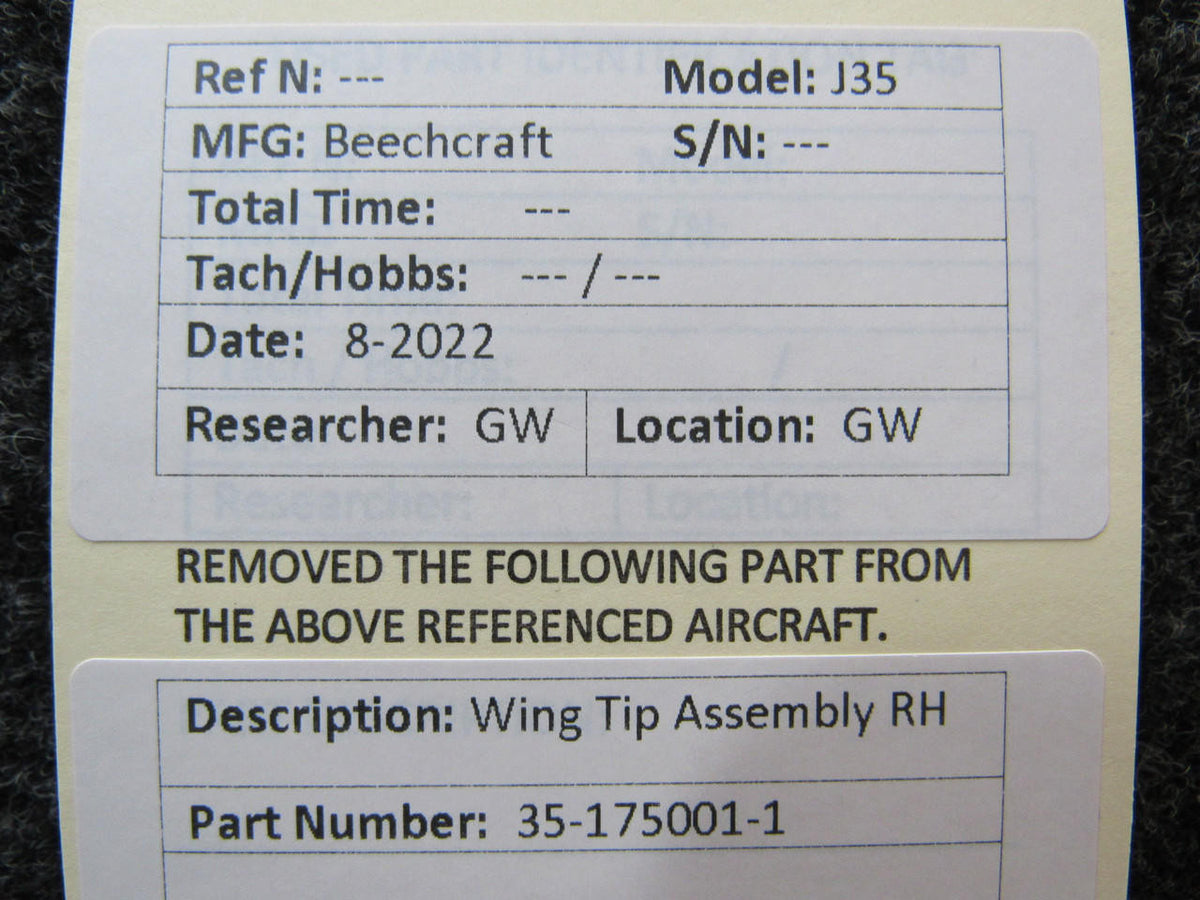 Beechcraft Parts 35-175001-1 Beechcraft J35 Wing Tip Assembly RH