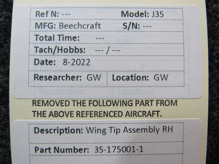 Beechcraft Parts 35-175001-1 Beechcraft J35 Wing Tip Assembly RH