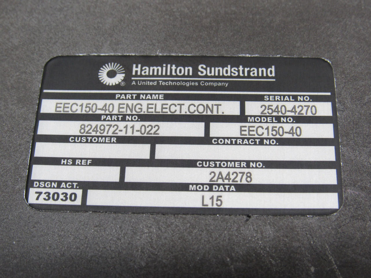 Hamilton Sundstrand 824972-11-022 Hamilton Sundstrand EEC150-40 Electronic Engine Control serial number plate