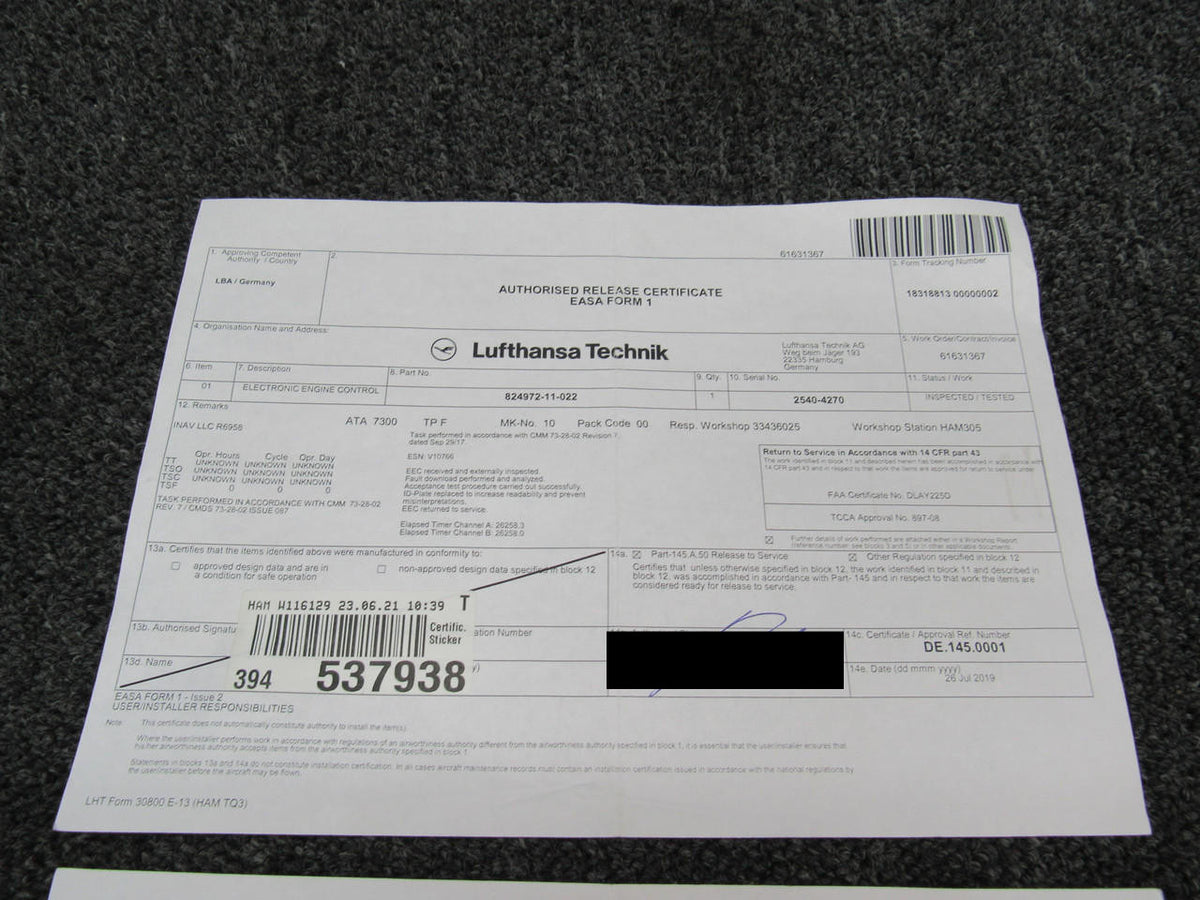 Hamilton Sundstrand 824972-11-022 Hamilton Sundstrand EEC150-40 Electronic Engine Control W/ Form 1