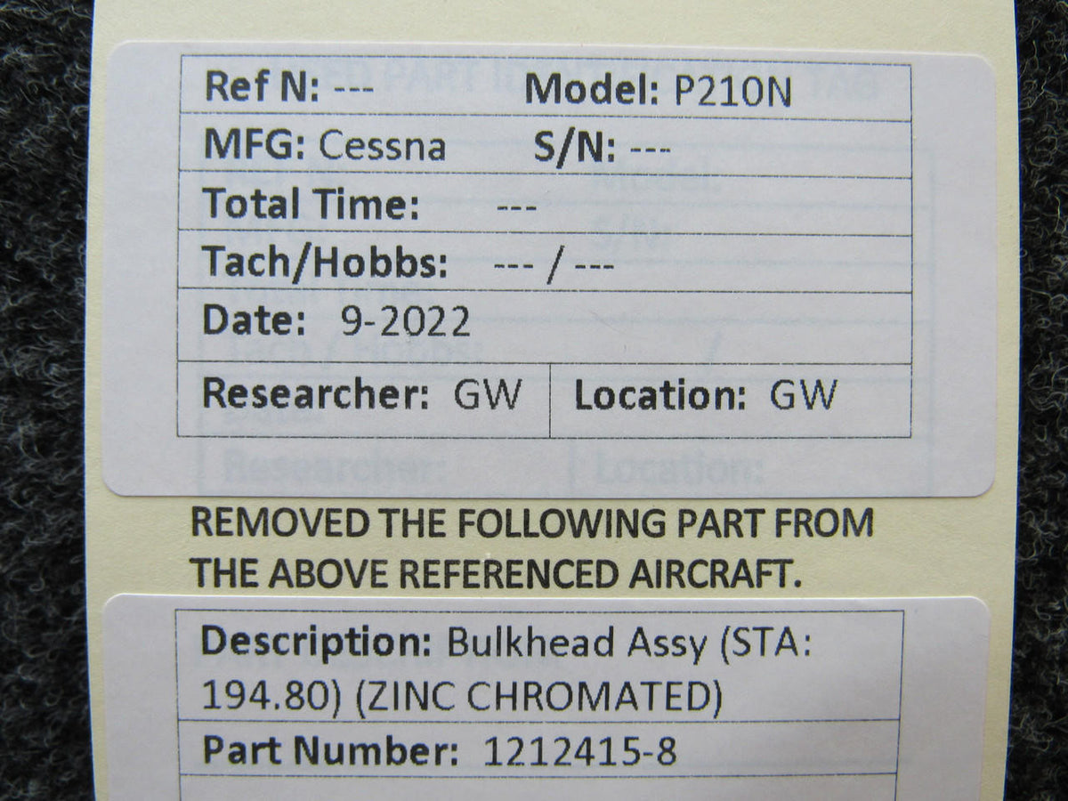 Cessna Aircraft Parts 1212415-8 Cessna P210N Bulkhead Assembly STA 194.80 ZINC CHROMATED