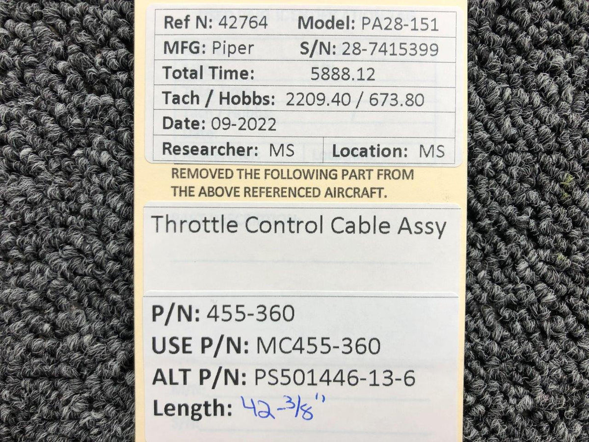455-360 (USE: MC455-360) Piper PA28-151 Throttle Control Cable (L: 42-3/8") BAS Part Sales | Airplane Parts