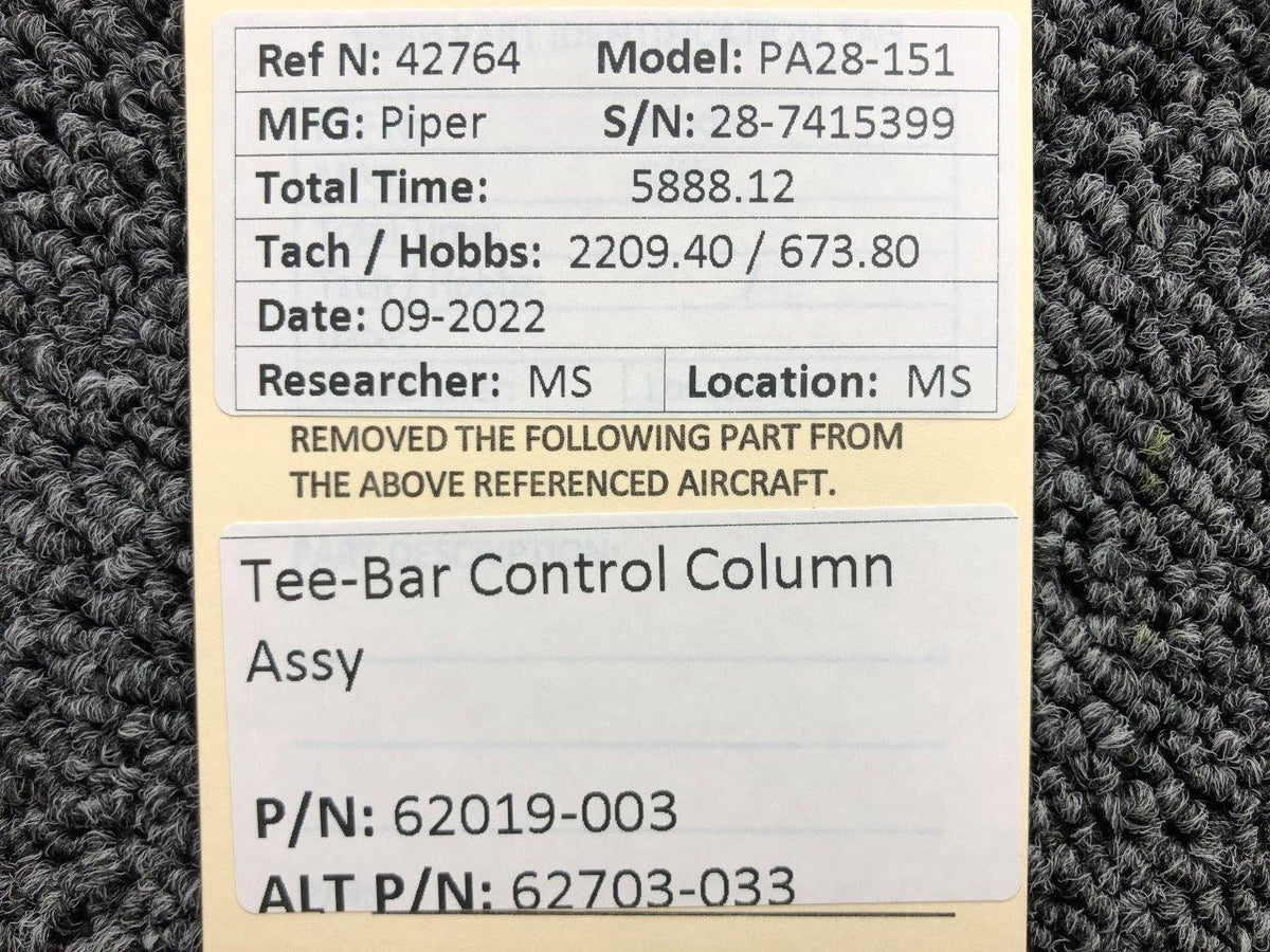 62019-003 (ALT: 62703-033) Piper PA28-151 Tee-Bar Control Column Assembly BAS Part Sales | Airplane Parts