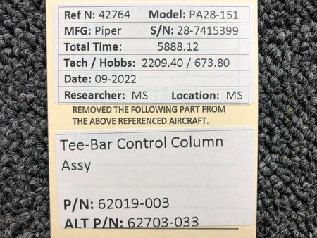 62019-003 (ALT: 62703-033) Piper PA28-151 Tee-Bar Control Column Assembly BAS Part Sales | Airplane Parts