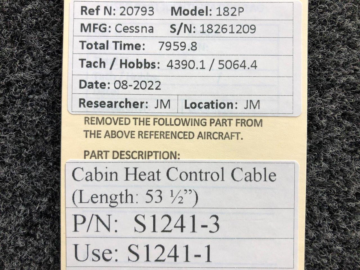 S1241-3 (USE: S1241-1) Cessna 182P Cabin Heat Control Cable (Length: 53-1/2") BAS Part Sales | Airplane Parts