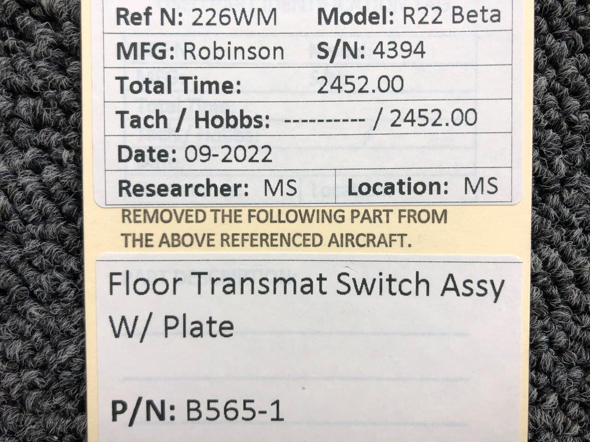 B565-1 Robinson R22 Beta Floor Transmat Switch Assembly W/ Plate BAS Part Sales | Airplane Parts