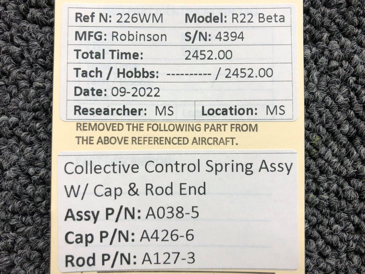 A038-5 / A426-6 Robinson R22 Beta Collective Control Spring Assy W/ Cap & End BAS Part Sales | Airplane Parts