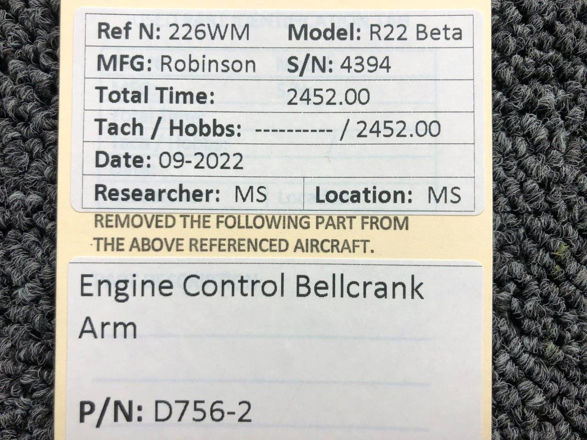 D756-2 Robinson R22 Beta Engine Control Bellcrank Arm BAS Part Sales | Airplane Parts