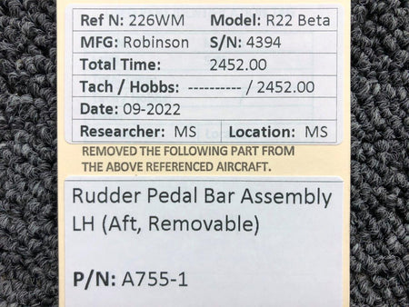 A755-1 Robinson R22 Beta Rudder Pedal Bar Assembly AFT LH BAS Part Sales | Airplane Parts