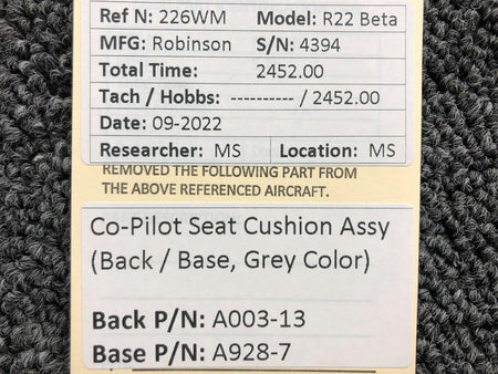 A003-13 / A928-7 Robinson R22 Beta Co-Pilot Seat Cushion (Back / Base) BAS Part Sales | Airplane Parts