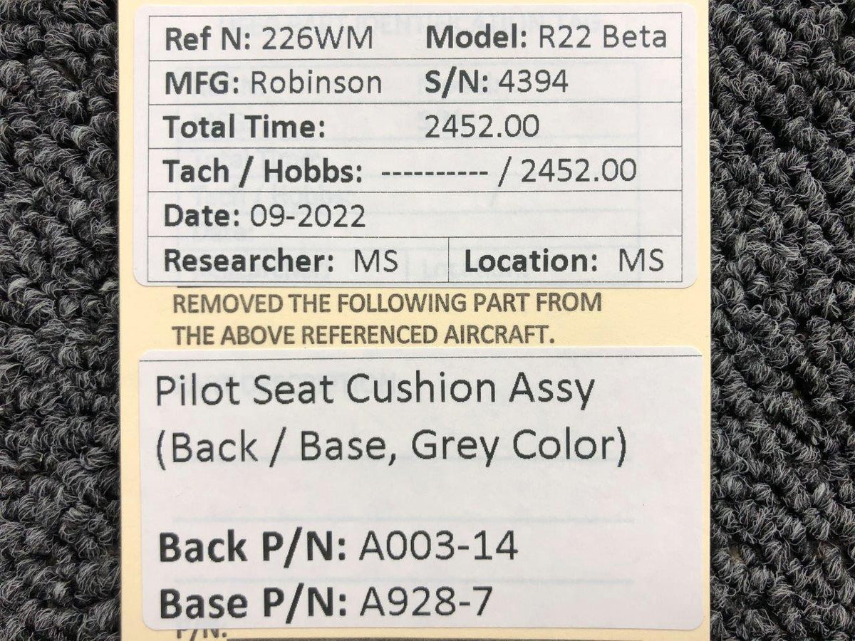 A003-14 / A928-7 Robinson R22 Beta Pilot Seat Cushion (Back / Base) BAS Part Sales | Airplane Parts