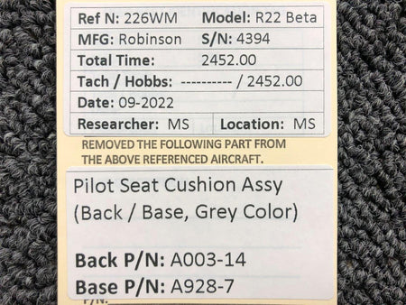 A003-14 / A928-7 Robinson R22 Beta Pilot Seat Cushion (Back / Base) BAS Part Sales | Airplane Parts