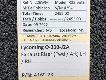 A169-23 Lycoming O-360-J2A Exhaust Riser FWD / AFT LH / RH BAS Part Sales | Airplane Parts