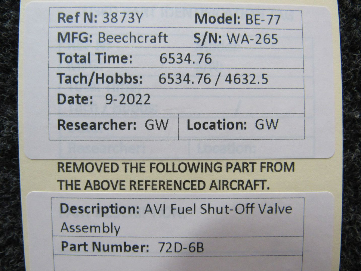 72D-6B Beechcraft BE-77 AVI Fuel Shut-Off Valve Assembly BAS Part Sales | Airplane Parts