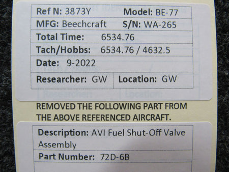 72D-6B Beechcraft BE-77 AVI Fuel Shut-Off Valve Assembly BAS Part Sales | Airplane Parts