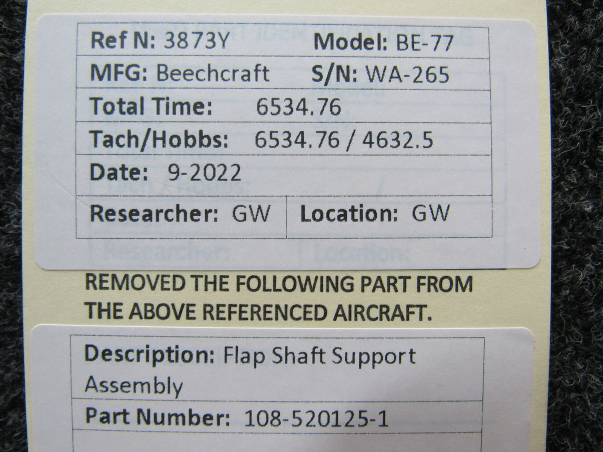 108-520125-1 Beechcraft BE-77 Flap Shaft Support Assembly BAS Part Sales | Airplane Parts