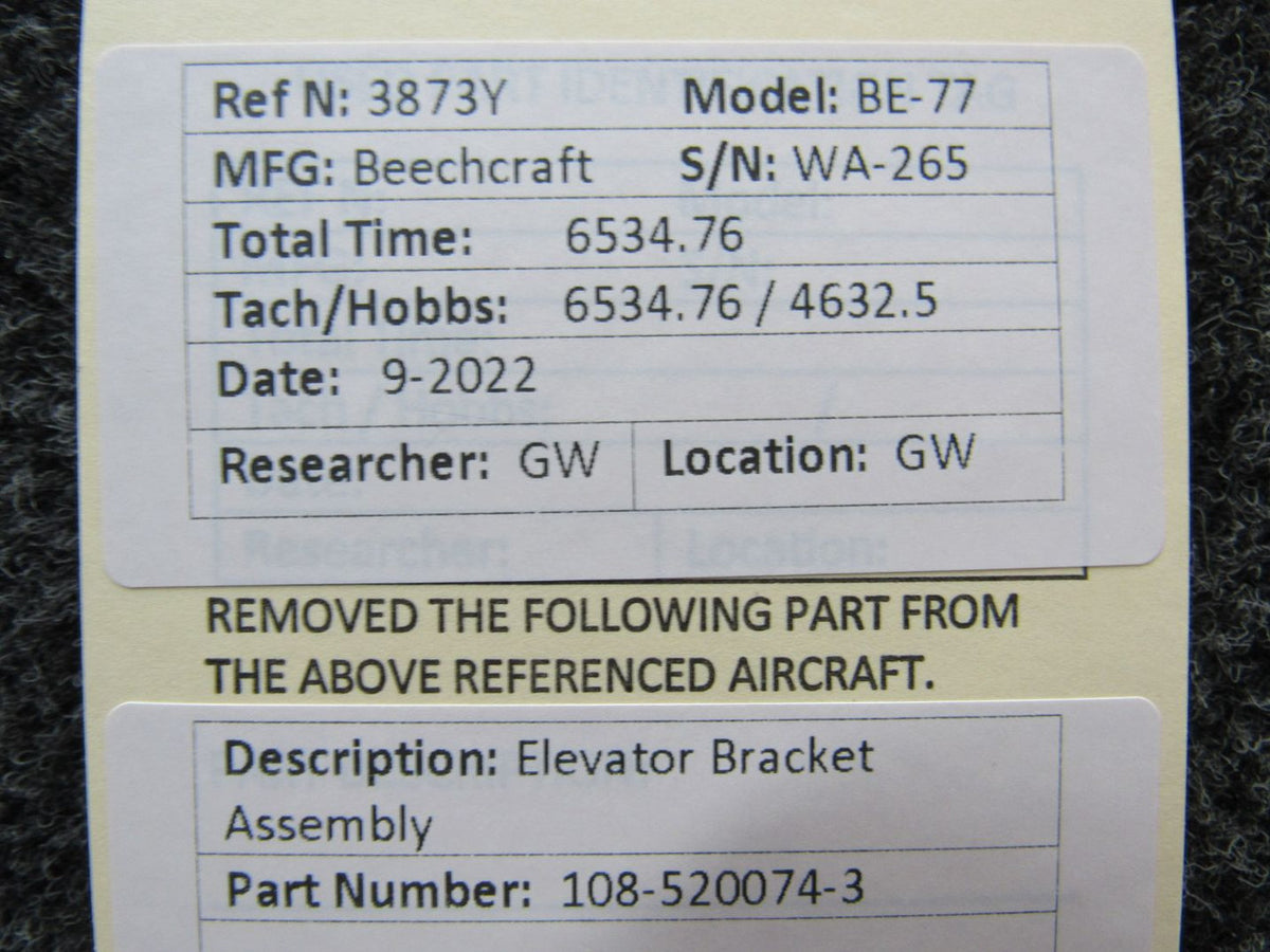 108-520074-3 Beechcraft BE-77 Elevator Bracket Assembly BAS Part Sales | Airplane Parts