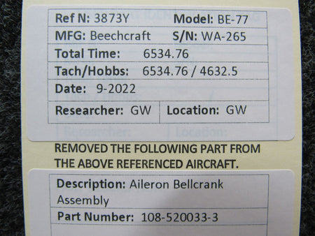 108-520033-3 Beechcraft BE-77 Aileron Bellcrank Assembly BAS Part Sales | Airplane Parts
