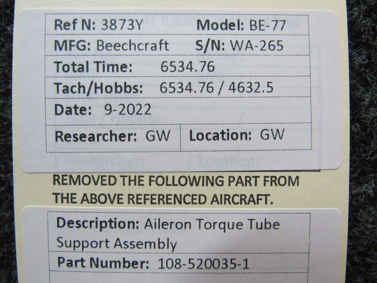 108-520035-1 Beechcraft BE-77 Aileron Torque Tube Support Assembly BAS Part Sales | Airplane Parts